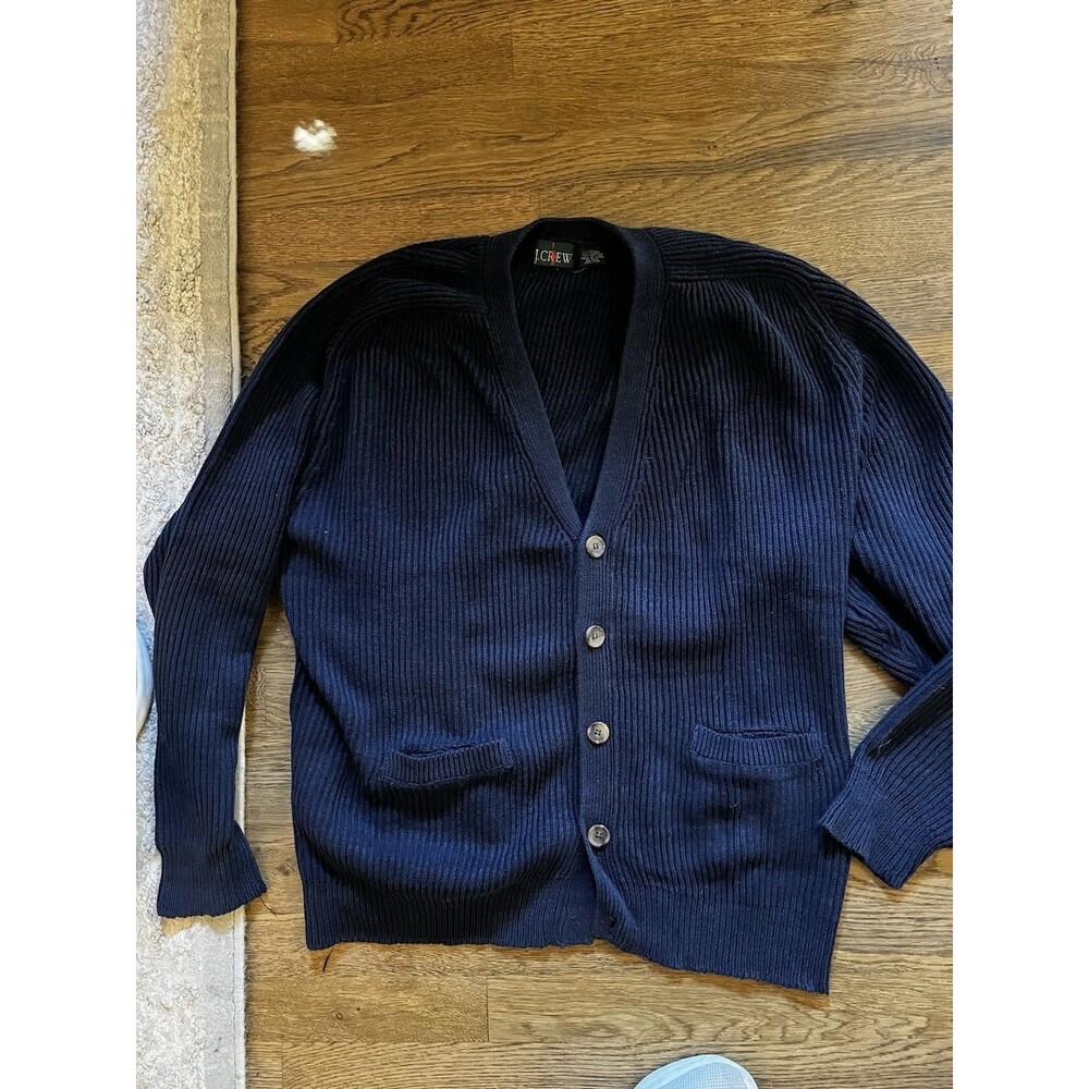 Vintage J Crew Mens Navy Blue Cotton Linen Oarsman Cardigan 1990’s